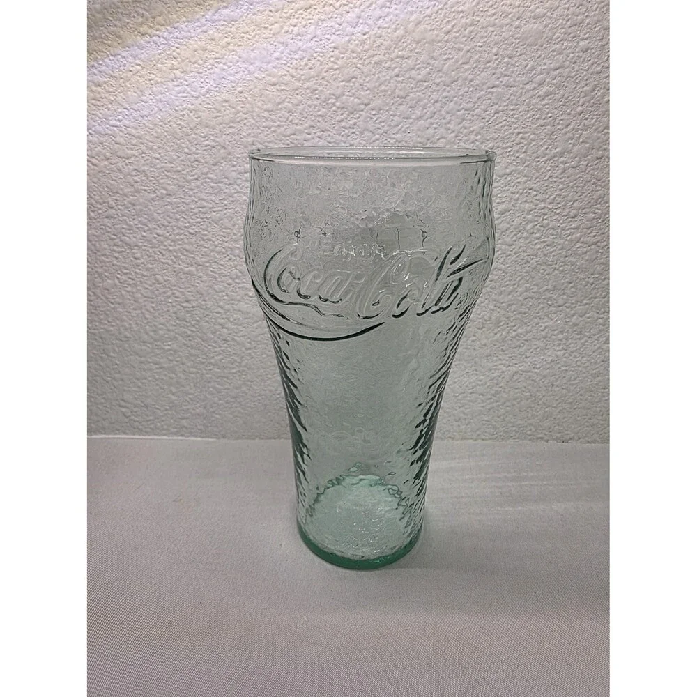 Collectible Vintage 1990 COCA COLA drinking glass pebble hammered textured green